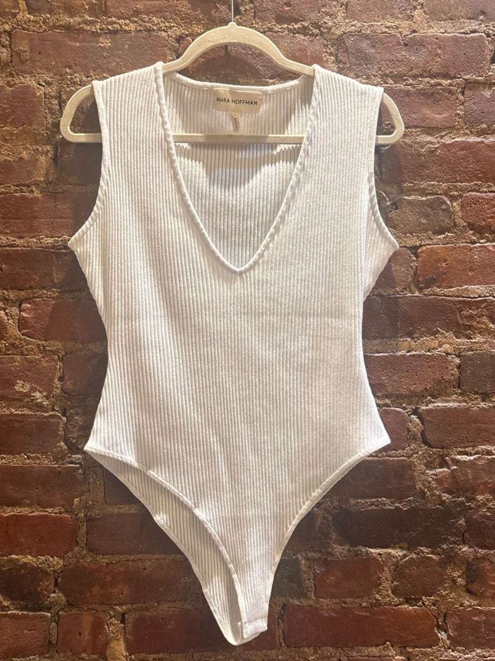 Mara Hoffman Ivory Organic Cotton Ribbed V-Neck Bodysuit Size L